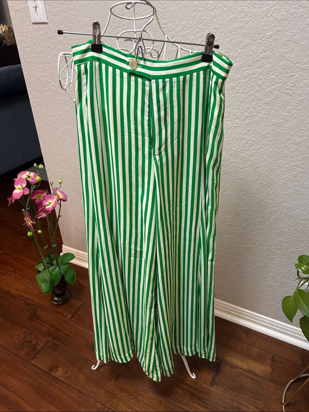 Green and White Vertical Stripe Wide-Leg Pants by Antropologie
